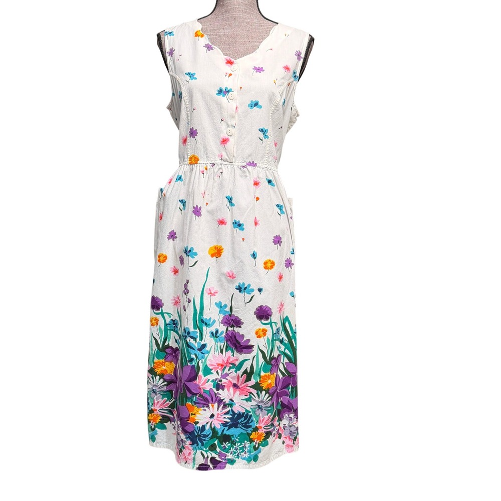 Sleeveless White Floral Midi Dress with Purple & Teal Border